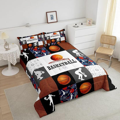Basketball Twin Comforter Set For Boys Sports Bedding Set Basketball Athlete Bed Comforter Sets Patchwork Style Orange Black White Grey Soft Lightweight Quilt Duvet Insert 1 Pillow Case Room Decor