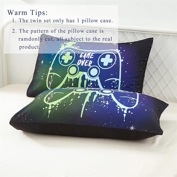 Kids Gaming Bedding Sets Twin Size for Boys Teen, 4 Piece Bed in a Bag Gamer Comforter Set with Sheets, 3D Colorful Video Game Controller Comforter, All Season Soft Microfiber Bed Set(Blue,Twin)