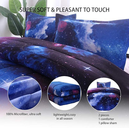 JQinHome Twin Galaxy Comforter Sets Blanket, 3D Outer Space Themed Bedding, All-Season Reversible Quilted Duvet, for Children Boy Girl Teen Kids - includes 1 Comforter, 1 Pillow Sham (Dark Blue)