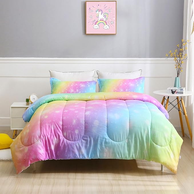 Girls Unicorn Bedding Set 3 Piece Rainbow Comforter Set for Teen Girls Adults with Sparkle Stars Soft Bedding Sets Machine Washable, Multi, Full