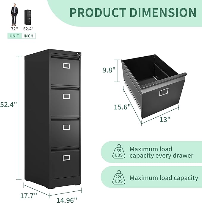 4 Drawer File Cabinet, Metal Vertical File Cabinets with Lock for Home Office, Heavy Duty Office Steel Filing Cabinet for Hanging Files for A4/ Legal/Letter,Assembly Required (Black)
