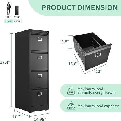 4 Drawer File Cabinet, Metal Vertical File Cabinets with Lock for Home Office, Heavy Duty Office Steel Filing Cabinet for Hanging Files for A4/ Legal/Letter,Assembly Required (Black)