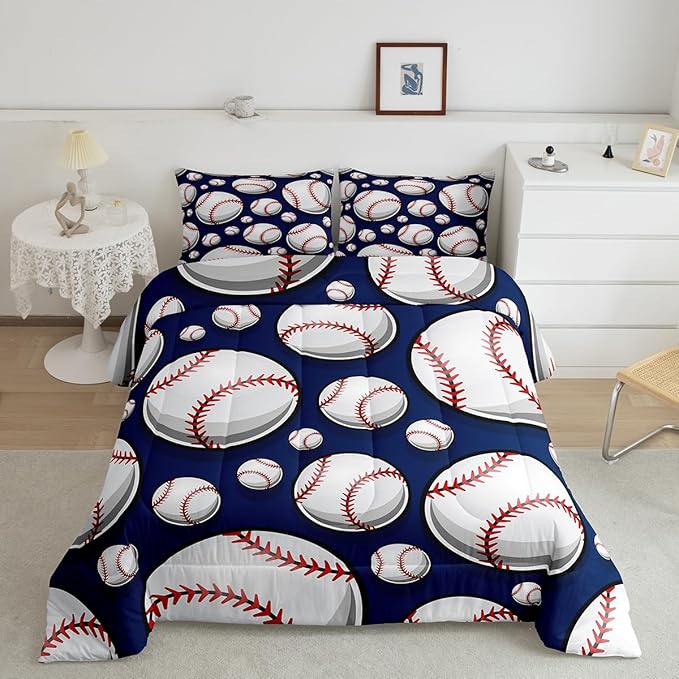 Baseball Bedding Set Sports Theme Comforter Set for Kids Boys Girls Teens 3D Blue Ball Pattern Comforter Breathable Baseball Games Duvet Set Room Decor Quilt Set Twin Size