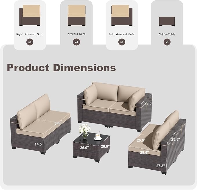 Patio Furniture Set 7-Pieces Outdoor Furniture for Backyard Wicker Sectional Sofa Set, Rattan Patio Conversation Set with Thickened Cushions and Glass Coffee Table, Sand