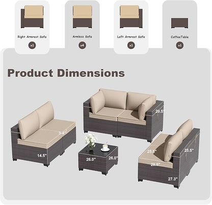 Patio Furniture Set 7-Pieces Outdoor Furniture for Backyard Wicker Sectional Sofa Set, Rattan Patio Conversation Set with Thickened Cushions and Glass Coffee Table, Sand