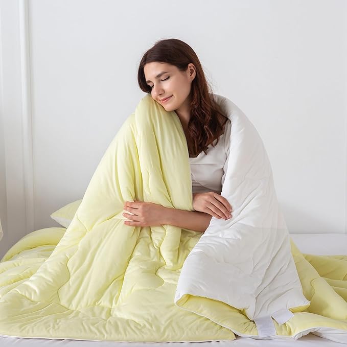 COTTEBED Yellow White Twin Size Bed Comforter Set, Cute Jersey Knit T-Shirt Feel Reversible Blanket Comforter Ultra-Soft Cozy Lightweight Quilt Pillowsham for Kid Boy Girl Dorm All Season Twin/Twin XL