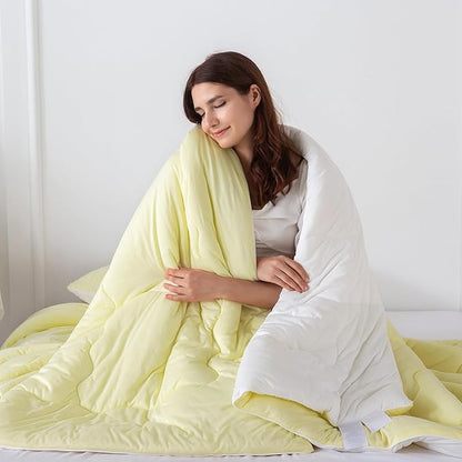 COTTEBED Yellow White Twin Size Bed Comforter Set, Cute Jersey Knit T-Shirt Feel Reversible Blanket Comforter Ultra-Soft Cozy Lightweight Quilt Pillowsham for Kid Boy Girl Dorm All Season Twin/Twin XL