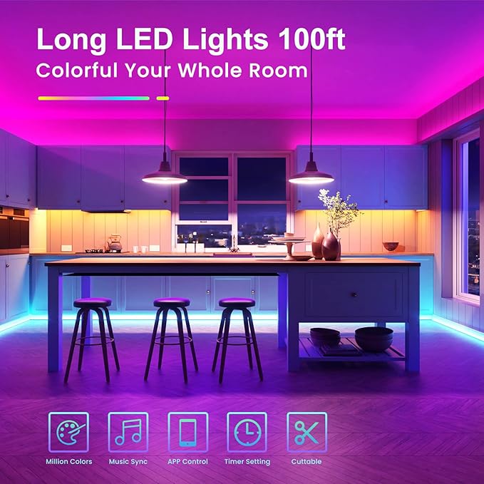 TJOY 100ft Bluetooth LED Strip Lights, Music Sync LED Lights Strip, RGB Color Changing LED Lights with Remote,Smart Phone APP Control, LED Lights for Bedroom,TV,Room DIY (APP+Remote +Mic)