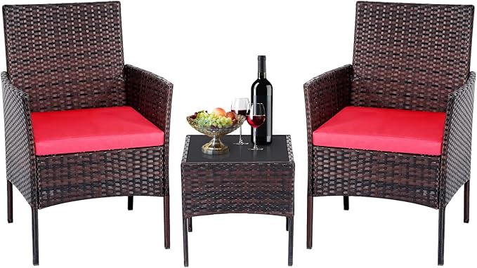 Patio Furniture Set 3 Pieces All-Weather Rattan Outdoor Furniture Patio Chairs with Tempered Glass Table for Porch Bistro Balcony Bistro Set(Brown/Red)