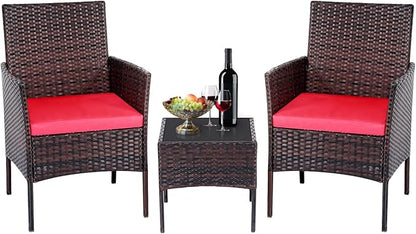 Patio Furniture Set 3 Pieces All-Weather Rattan Outdoor Furniture Patio Chairs with Tempered Glass Table for Porch Bistro Balcony Bistro Set(Brown/Red)