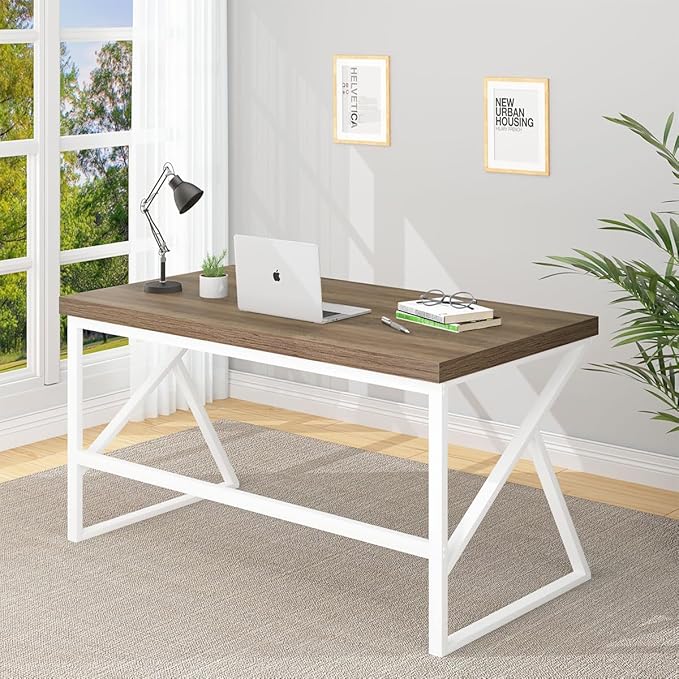 HSH Farmhouse Desk, Modern Home Office Desk, Student Desk for Bedroom Computer Table, Rustic Wood and Metal PC Laptop Computer Desk, Simple Writing Study Gaming Desk Executive Workstation, 55 Inch