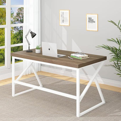 HSH Farmhouse Desk, Modern Home Office Desk, Student Desk for Bedroom Computer Table, Rustic Wood and Metal PC Laptop Computer Desk, Simple Writing Study Gaming Desk Executive Workstation, 55 Inch