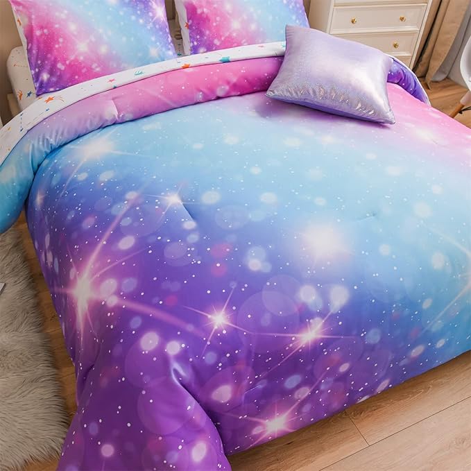 A Nice Night 6Pcs Gradient Glitter Bedding Set for Girls, Colorful Rainbow Galaxy Comforter Set, Ultra Soft Bedding Sets (Purple,Queen 6Pcs)