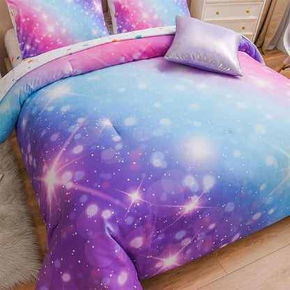 A Nice Night 6Pcs Gradient Glitter Bedding Set for Girls, Colorful Rainbow Galaxy Comforter Set, Ultra Soft Bedding Sets (Purple,Queen 6Pcs)