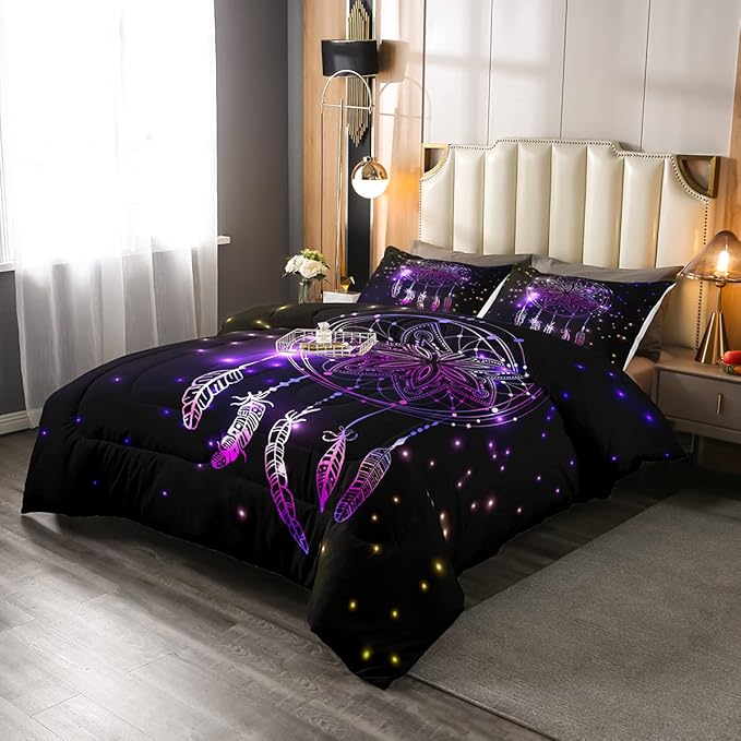 Erosebridal Dream Catcher Feather Comforter Set, Bohemian Mandala Down Comforter Twin Size for Kids Girls Boys, Starry Sky Galaxy Bedding Set Boho Tie Dye Exotic Flower Quilted Duvet, Purple