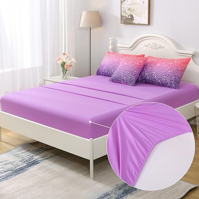 JQinHome Pink Purple Comforter Set Full/Queen Size, 6 Piece Bed in A Bag 3D Colorful Bedding Set for Girls Women (1 Comforter,2 Pillowcases,1 Flat Sheet,1 Fitted Sheet,1 Cushion Cover)
