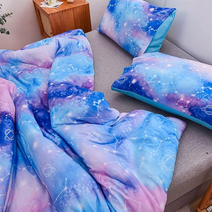 Holawakaka Tie Dye Constellation Print Ombre Comforter Set Queen Size Boys Girls Gradient Galaxy Bedding Set (Blue Purple, Queen)