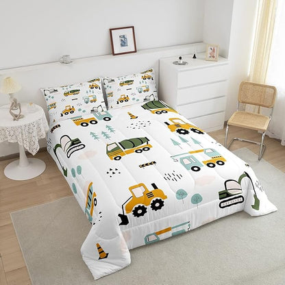 Excavator Kids Comforter Construction Trucks Comforter Set for Boys Teens Heavy Vehicles Decor Bedding Set Cartoon Cars Green Orange Quilt Set with 2 Pillowcases 3Pcs Bedding Full