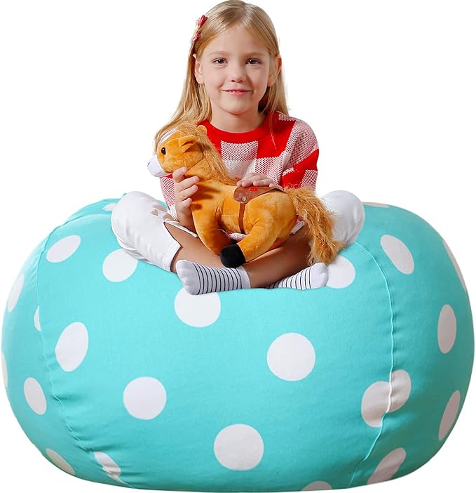 Aubliss Stuffed Animal Bean Bag Storage Chair, Beanbag Covers Only for Organizing Plush Toys, Turns into Bean Bag Seat for Kids When Filled, X-Large 48"-Canvas Dot Light aqua