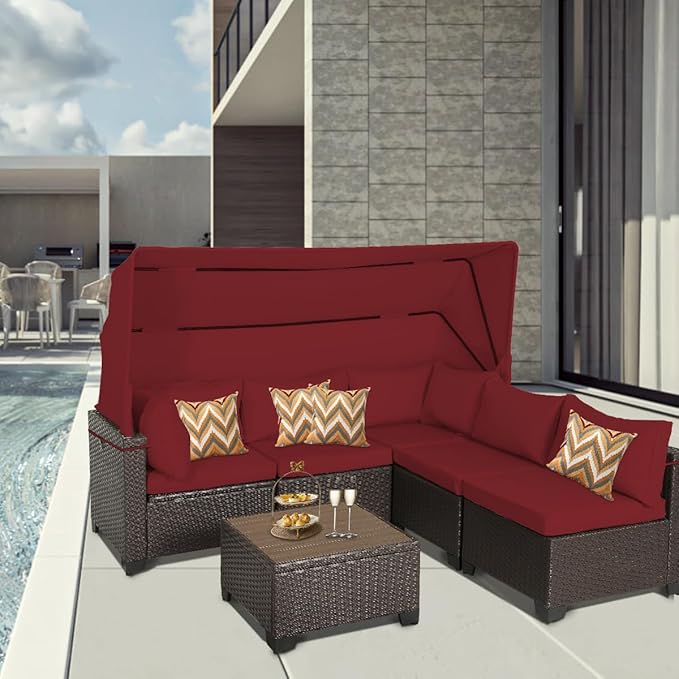 6 PCS Outdoor Patio Furniture Set,Sectional Sofa Set,Rattan Daybed with Retractable Canopy,Adjustable Backrest,Storage Coffee Table,Chaise Chair Sunbed for Porch Garden Poolside Backyard(Red)