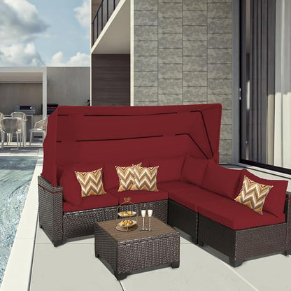 6 PCS Outdoor Patio Furniture Set,Sectional Sofa Set,Rattan Daybed with Retractable Canopy,Adjustable Backrest,Storage Coffee Table,Chaise Chair Sunbed for Porch Garden Poolside Backyard(Red)
