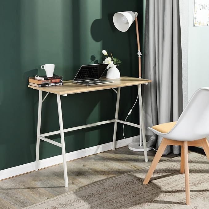 FurnitureR Home Office Computer Desk, Compact Writing Desk Study Desk with Metal Frame for Apartment, Dorm, Bedroom, Small Space (39.4 Inch, Brown)