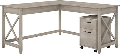 Bush Furniture Key West 60W L Shaped Desk with 2 Drawer Mobile File Cabinet in Washed Gray