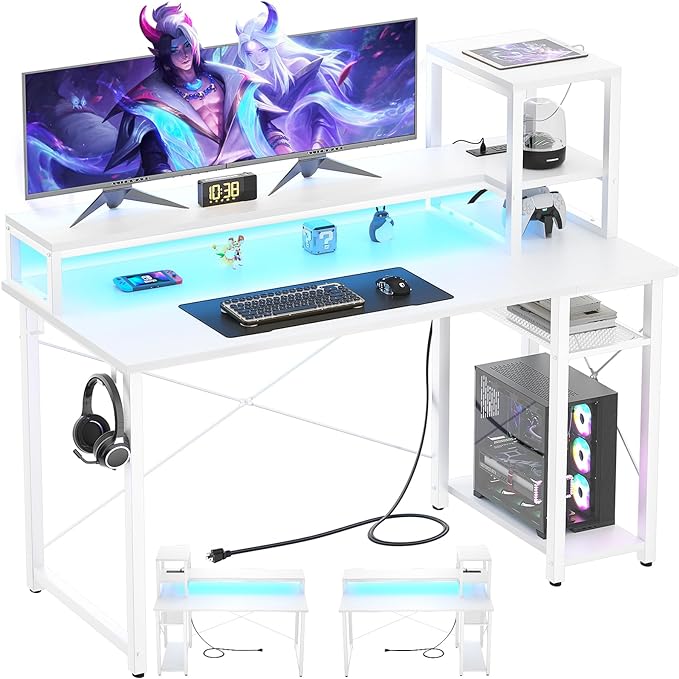 Gaming Desk with Lights & Power Outlets, 47.2' Computer Desk with Shelves, Small Desk for Small Space, Writing Desk with Monitor Stand, White