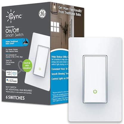 GE CYNC Smart Light Switch, Paddle Style, Neutral Wire Required, Bluetooth and 2.4 GHz Wi-Fi 4-Wire Switch, Compatible with Alexa and Google (6 Pack), White