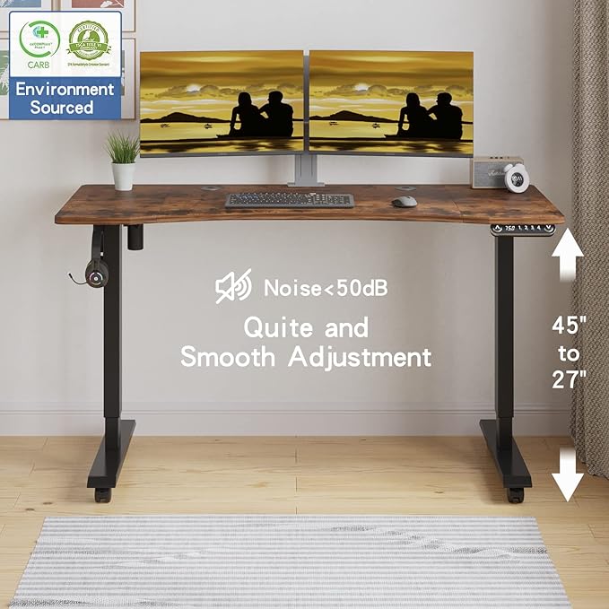 Mobile Rolling Electric Standing Desk Height Adjustable, 55 x 30 Inches Sit to Stand Desk with Splice Board, Black Frame/Rustic Brown Top