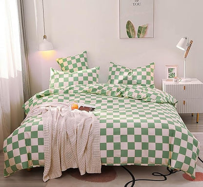 Green White Grid Comforter Set Twin Sage Green Plaid Bedding Set Girls Light Green White Checkered Bed Comforter Set Breathable Blanket Set Kids Durable Bedding Comforter Set
