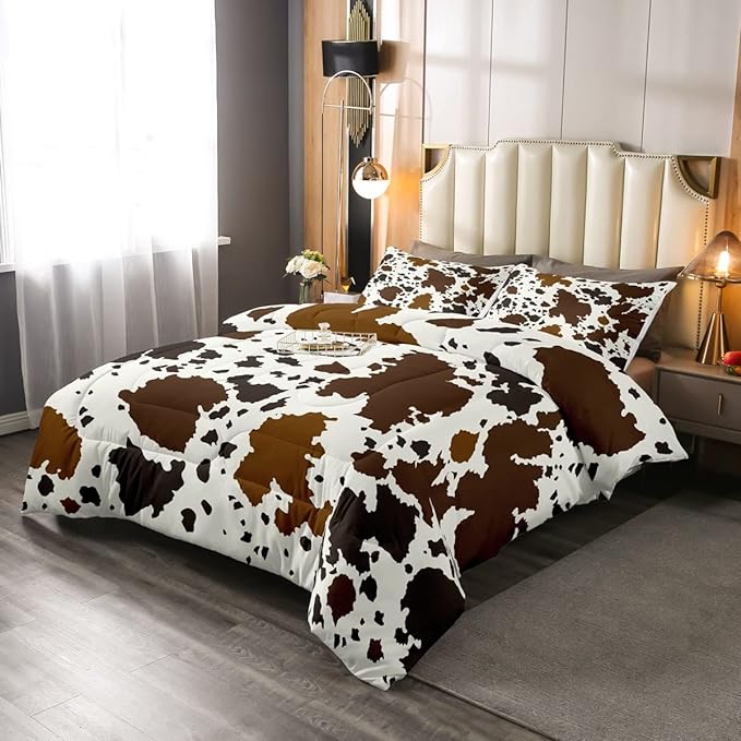 Cow Print Comforter Set Queen Size Cowhide Bedding Set for Boys Girls Man Women Bedroom Decor Brown Bull Cattle Skin Down Comforter Wildlife Fur Hair Farmhouse Animal Skin Duvet Set