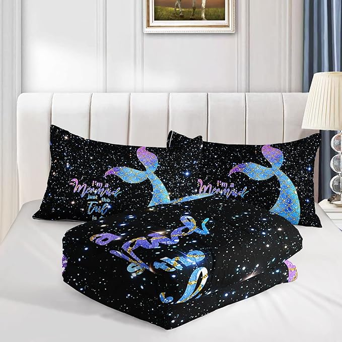 Datura home Bedding Comforter Set Black Starry Sky Mermaid Printed Pattern Quilt with 1 and 2 Pillowcases for Girls Bedroom All Season(Black Queen) Queen 90x90inches