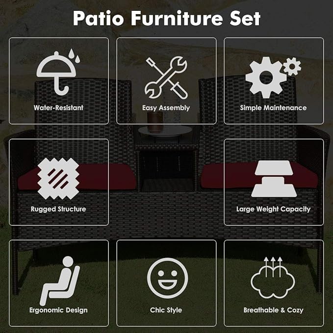 LUARANE Outdoor Rattan Sofas, Contract Patio Conversation Set Wicker Sofa Set with Built-in Coffee Table, Patio Furniture Set with Cushions, Rattan Loveseat for Lawn Backyard Garden (Brown+Red)