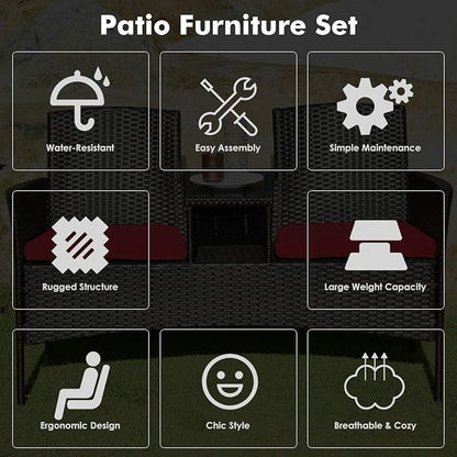 LUARANE Outdoor Rattan Sofas, Contract Patio Conversation Set Wicker Sofa Set with Built-in Coffee Table, Patio Furniture Set with Cushions, Rattan Loveseat for Lawn Backyard Garden (Brown+Red)