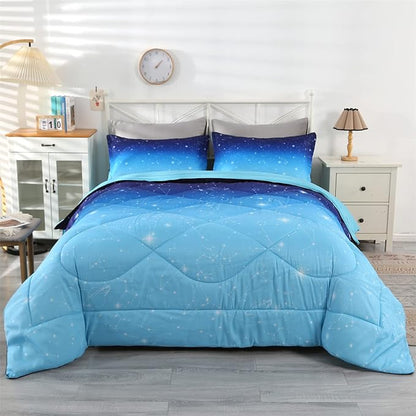 Wowelife Glitter Bedding Set Twin Comforter Set for Girls 5 Pieces Blue Galaxy Comforter Set Twin Bed Set Bed in a Bag with Sheets Comfortable and Breathable for Kids