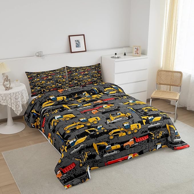 Tractor Comforter set Queen,Construction Bedding Comforter Bedroom Decor For Boys Kids Teens,Cartoon Excavator Truck Down Comforter Vehicle Cars Bed Set For All Season Yellow Dark Grey 2 Pillowcases