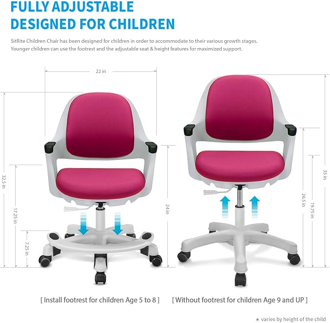 Kids Desk Chair: Ergonomic Kids Computer Chair | Adjustable Kids Office Chair with Wheels & Arms | Study Chair for Girls and Boys - Kids Chair Desk with Wheel Covers (Rosie Pink)