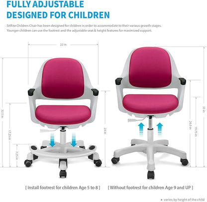 Kids Desk Chair: Ergonomic Kids Computer Chair | Adjustable Kids Office Chair with Wheels & Arms | Study Chair for Girls and Boys - Kids Chair Desk with Wheel Covers (Rosie Pink)