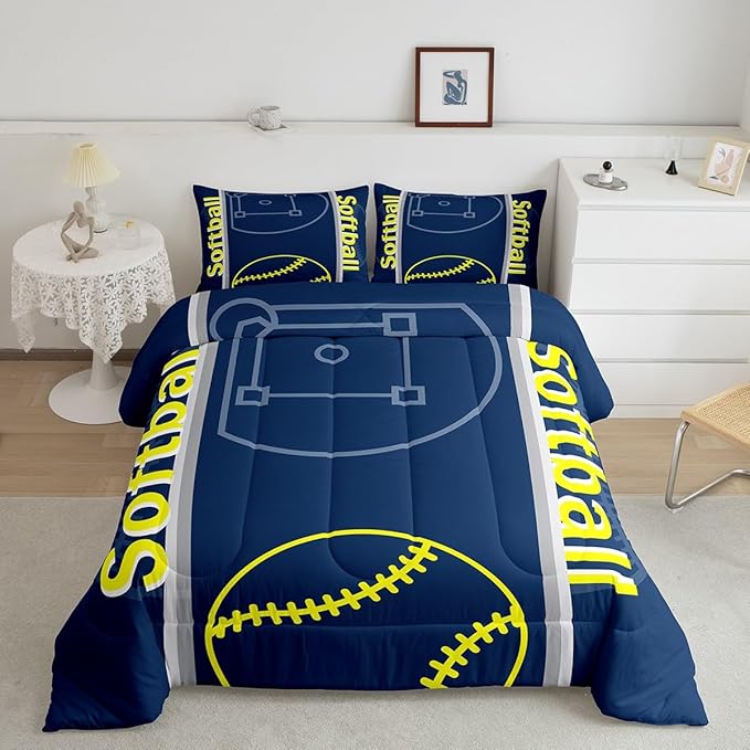 Feelyou Kids Softball Comforter Set Twin Size Sports Game Bedding Set for Boys Girls Teens Bedroom Decor Baseball Comforter Softball Gaming Theme Duvet Set with 1 Pillow Case