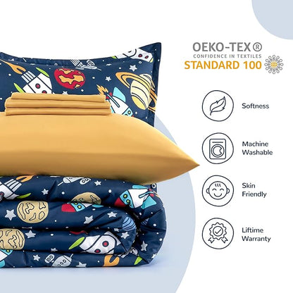 SLEEP ZONE Kids Twin Bedding Comforter Set - Super Cute & Soft Kids Bedding 5 Pieces Set with Comforter, Sheet, Pillowcase & Sham (Rocket Galaxy)