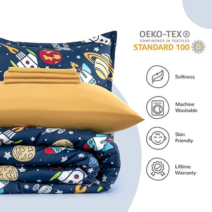 SLEEP ZONE Kids Bedding Comforter Set Full/Queen Size - Super Cute & Soft Kids Bedding 7 Pieces Set with Comforter, Sheet, Pillowcase & Sham (Rocket Galaxy)