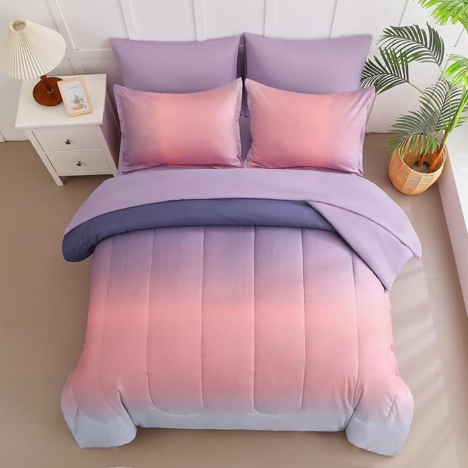 Dinjoy Girls Comforter Set King Size Colorful Rainbow Ombre Pink Purple Light Blue Bedding Set Gradient 7 Pieces Bed in A Bag for Kids Teen Women(1 Comforter, 1 Flat Sheet, 1 Fitted Sheet)