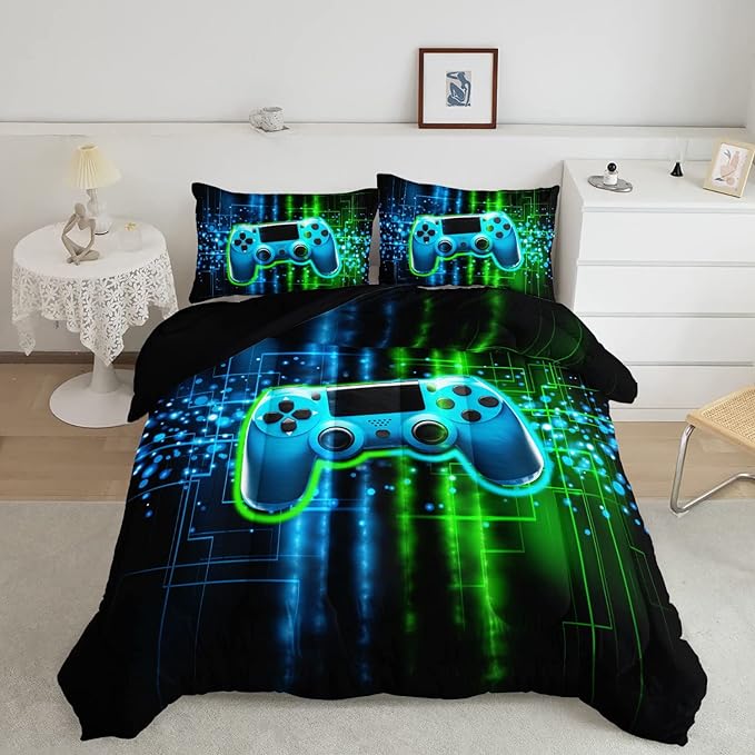Datura home Video Gamer Comforter Set for Kids Teens Adults,Green Black Gamepad Modern Gamer Gaming Printed Bedding Set with 1 Comforter and 2 Pillowcases(Gamepad Green Queen)