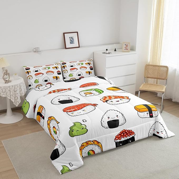 Sushi Pattern Comforter Set Japanese-Style Bedding Set for Kids Boys Girls Teens Food Theme Comforter Cute Cartoon Japanese Sushi Duvet Set Room Decor Quilt Set Queen Size Microfiber