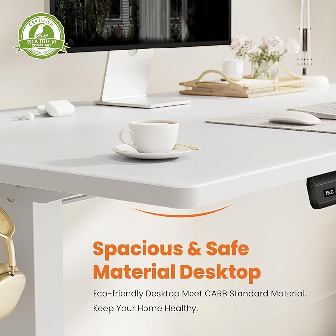 Sweetcrispy Standing Desk -55 in Electric Standing Desk, Height Adjustable Stand Up Desk for Home Office, Sit Stand Desk Stable Computer Rising Desk with Spliced Board, 2 Storage Hooks, White