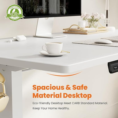 Sweetcrispy Standing Desk -55 in Electric Standing Desk, Height Adjustable Stand Up Desk for Home Office, Sit Stand Desk Stable Computer Rising Desk with Spliced Board, 2 Storage Hooks, White
