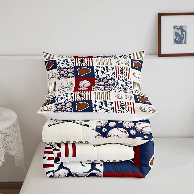 Erosebridal Kids Baseball Queen Comforter Set for Boys,Teen Baseball Athlete Bedding Set Room Decor Sports Theme Bed Comforter Sets Baseball Bat Gloves Quilt Duvet with 2 Pillow Cases Red Navy Blue