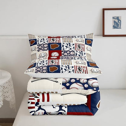 Erosebridal Kids Baseball Full Comforter Set for Boys,Teen Baseball Athlete Bedding Set Room Decor Sports Theme Bed Comforter Sets Baseball Bat Gloves Quilt Duvet with 2 Pillow Cases Red Navy Blue