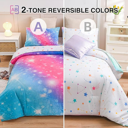 A Nice Night 6Pcs Gradient Glitter Bedding Set for Girls, Colorful Rainbow Galaxy Comforter Set, Ultra Soft Bedding Sets (Pink-Blue,Twin 6Pcs)